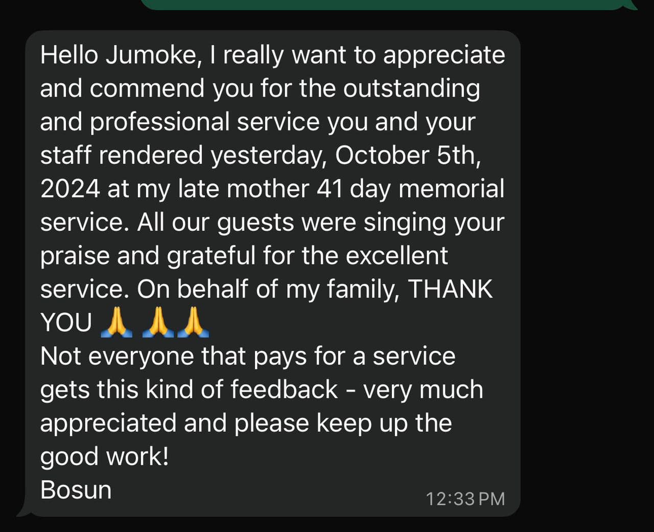 Client testimonial for FoodCatering by Unik